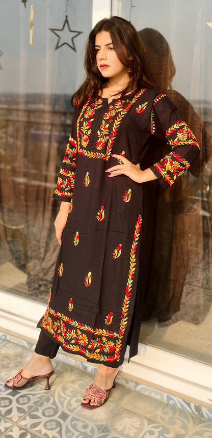 Premium Rayon Black Bangles Sleeves kurti with Multi color thread