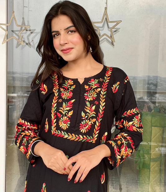 Premium Rayon Black Bangles Sleeves kurti with Multi color thread