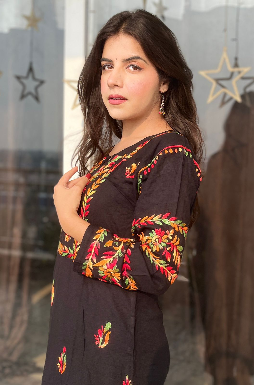 Premium Rayon Black Bangles Sleeves kurti with Multi color thread