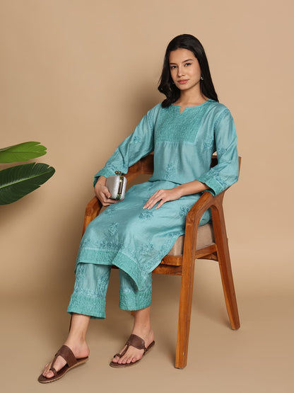 Chanderi Organza Designer Kurti Pant Set