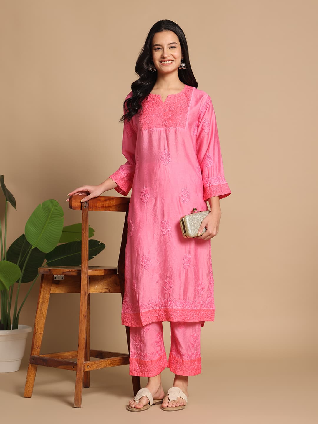 Chanderi Organza Designer Kurti Pant Set