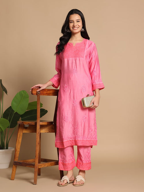 Chanderi Organza Designer Kurti Pant Set