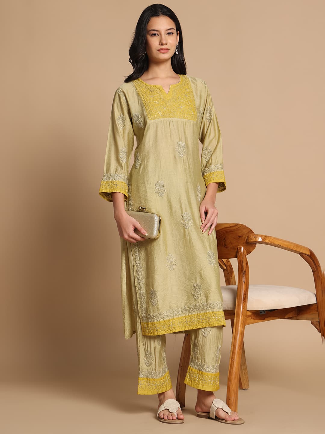 Chanderi Organza Designer Kurti Pant Set