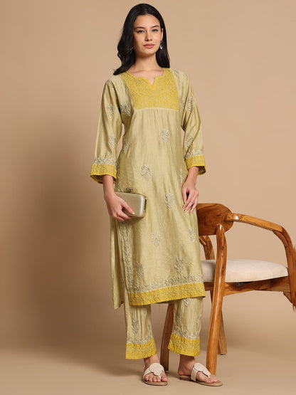 Chanderi Organza Designer Kurti Pant Set